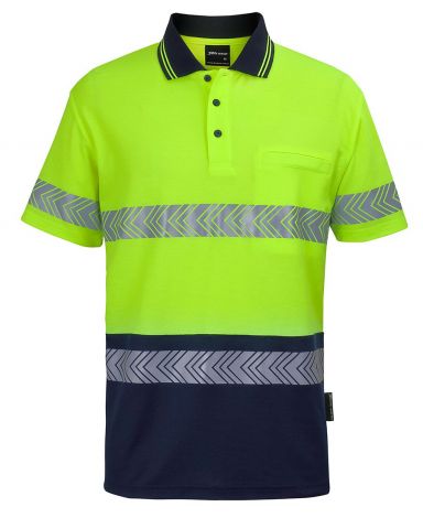 HI VIS (D+N) COTTON BACK S/S SEGMENTED TAPE POLO-2XS-Lime/Navy